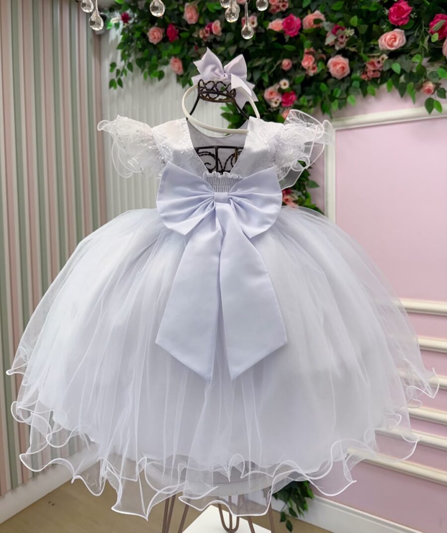 Vestido Infantil Lara Menina Bonita Branco Renda e Strass