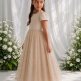 Vestido Infantil Longo Dourado de Princesa com Mangas