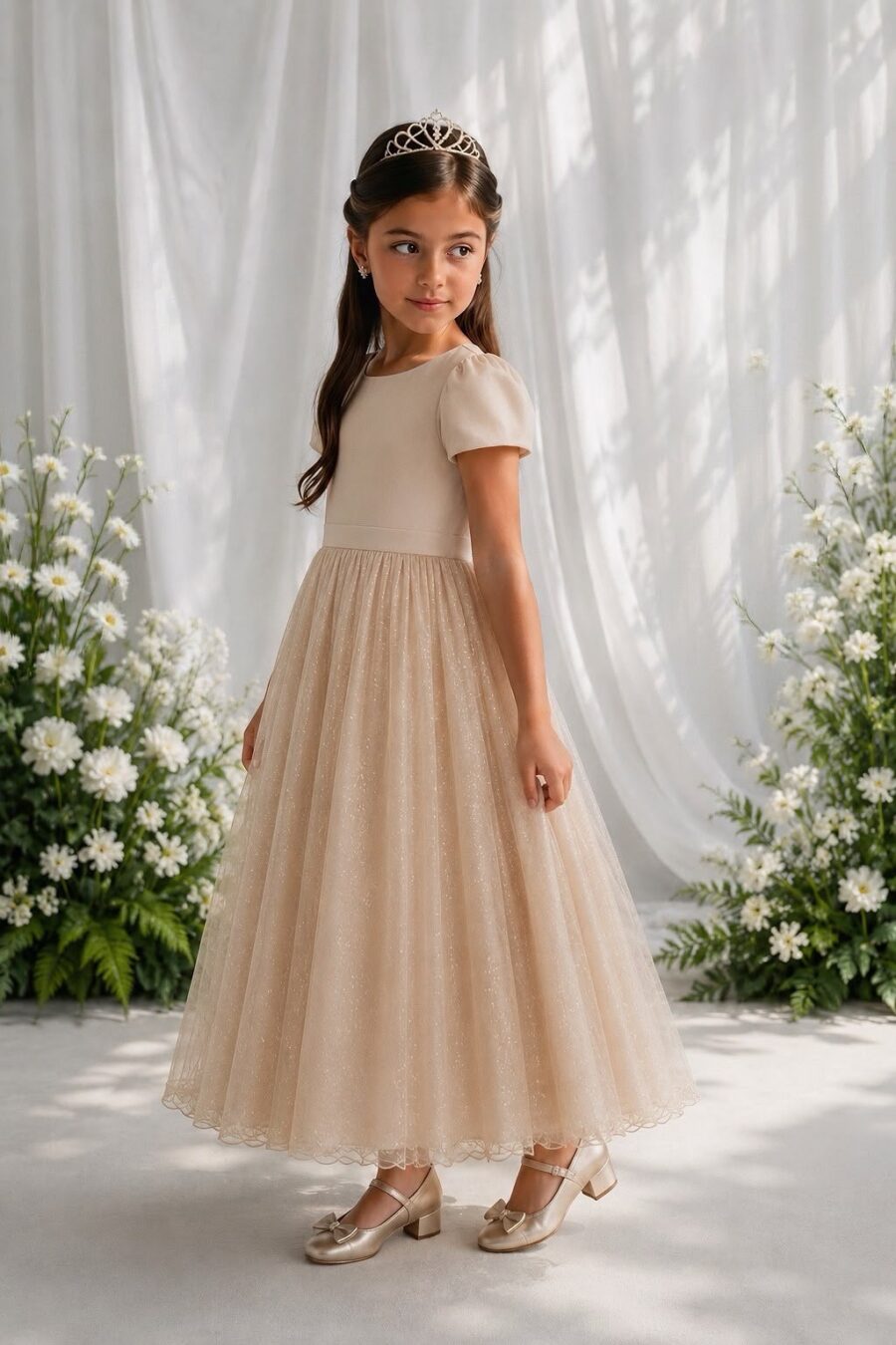 Vestido Infantil Longo Dourado de Princesa com Mangas