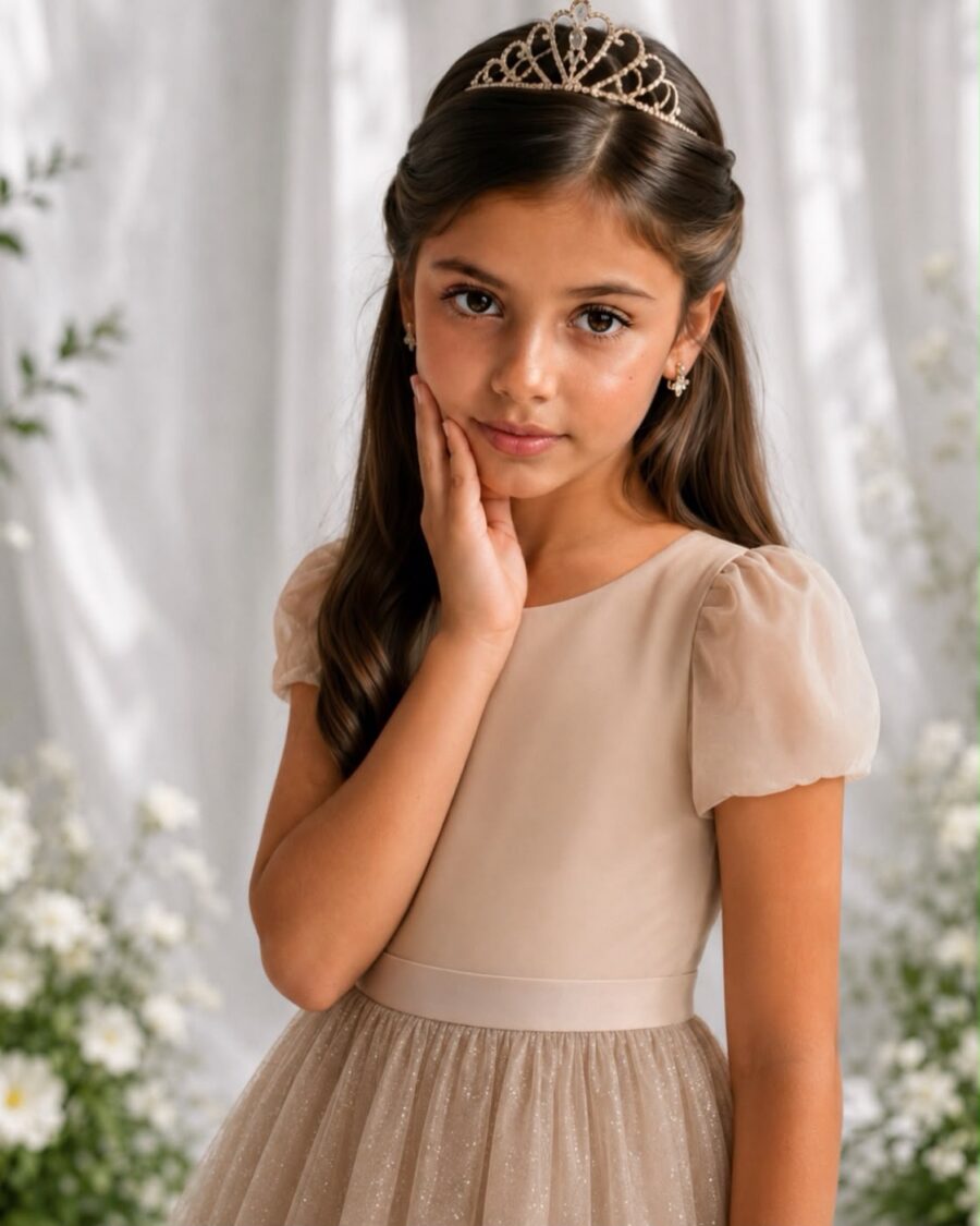 Vestido Infantil Longo Dourado de Princesa com Mangas