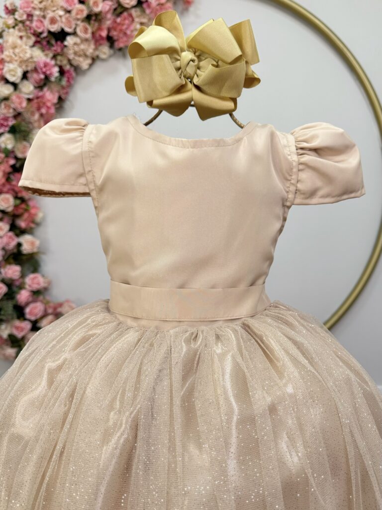 Vestido Infantil Longo Dourado de Princesa com Mangas