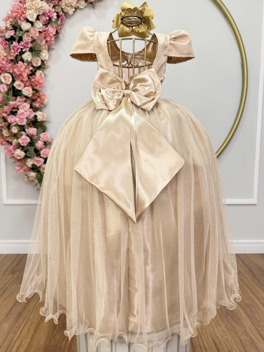 Vestido Infantil Longo Dourado de Princesa com Mangas