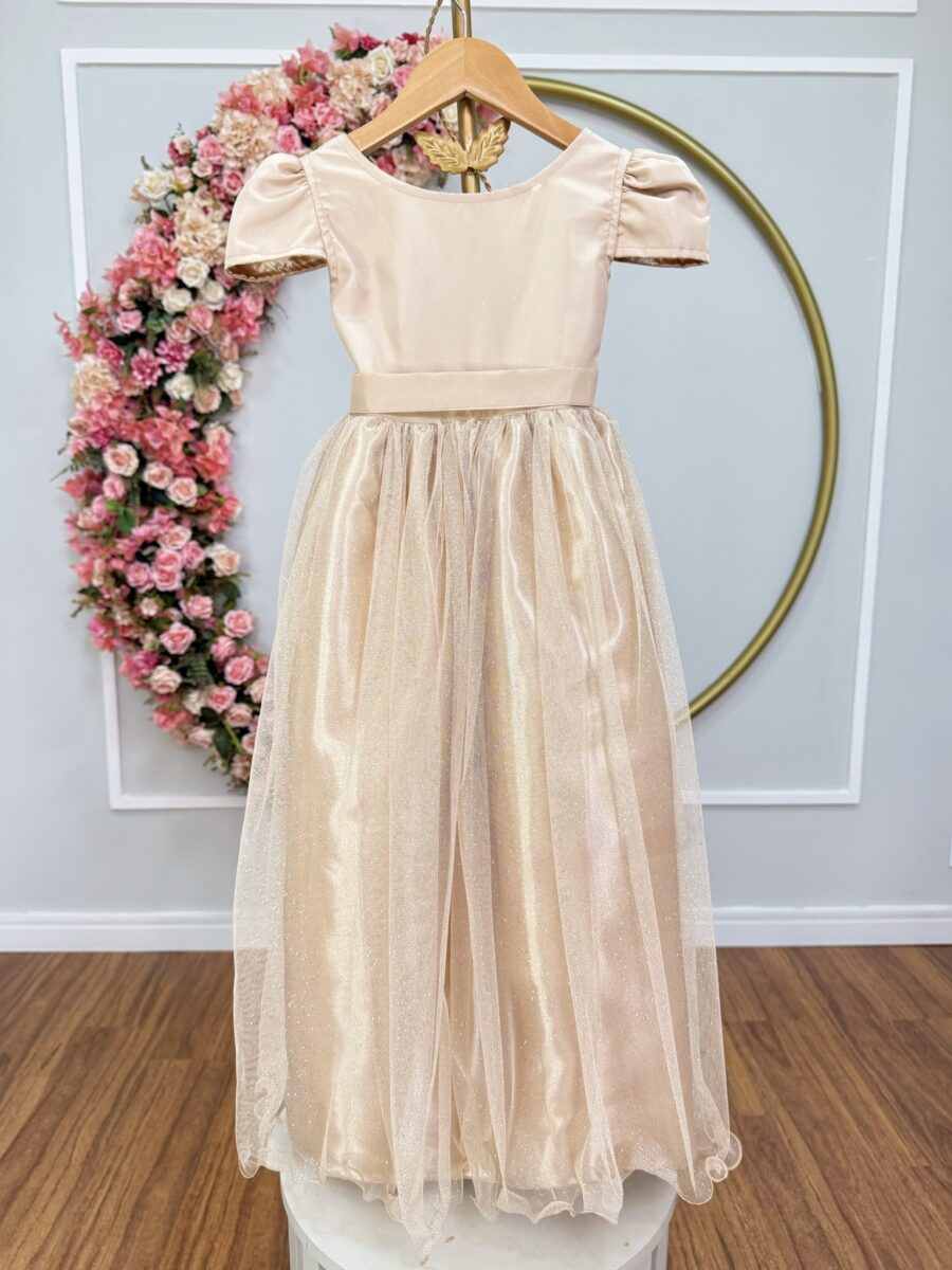 Vestido Infantil Longo Dourado de Princesa com Mangas