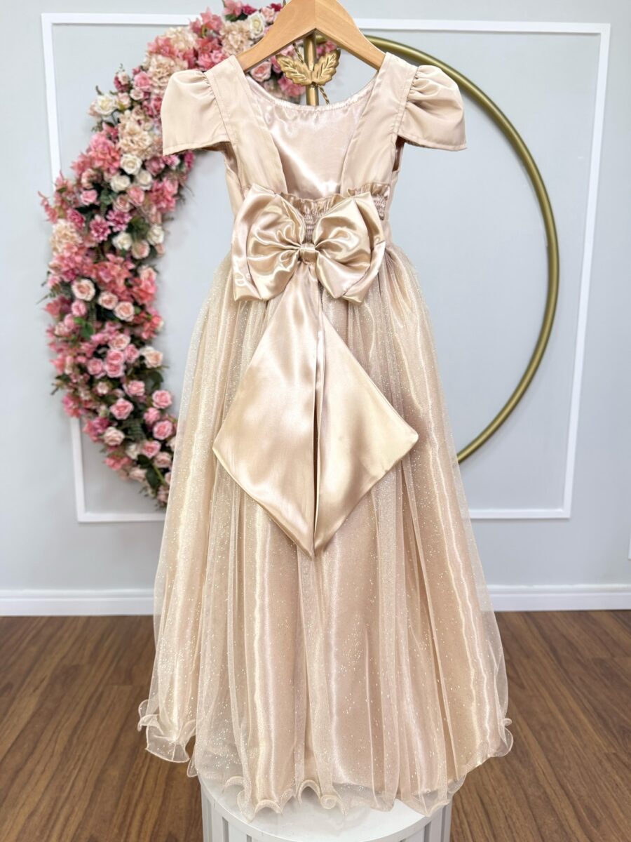 Vestido Infantil Longo Dourado de Princesa com Mangas
