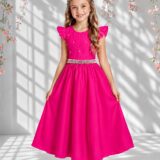 Vestido Longo Infantil Pink Nervura e Cinto de Pérolas