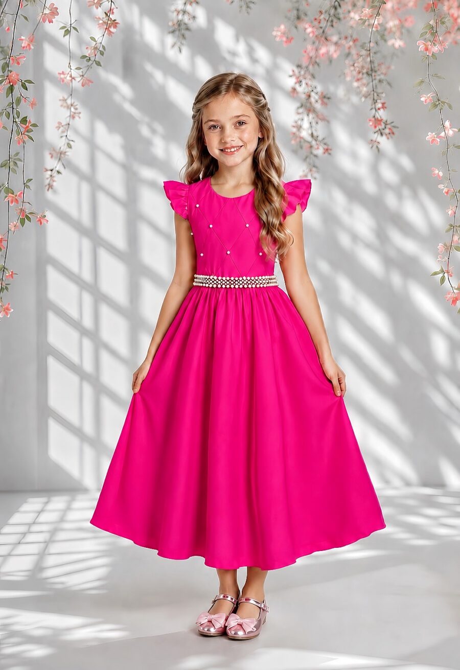 Vestido Longo Infantil Pink Nervura e Cinto de Pérolas