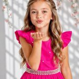 Vestido Longo Infantil Pink Nervura e Cinto de Pérolas