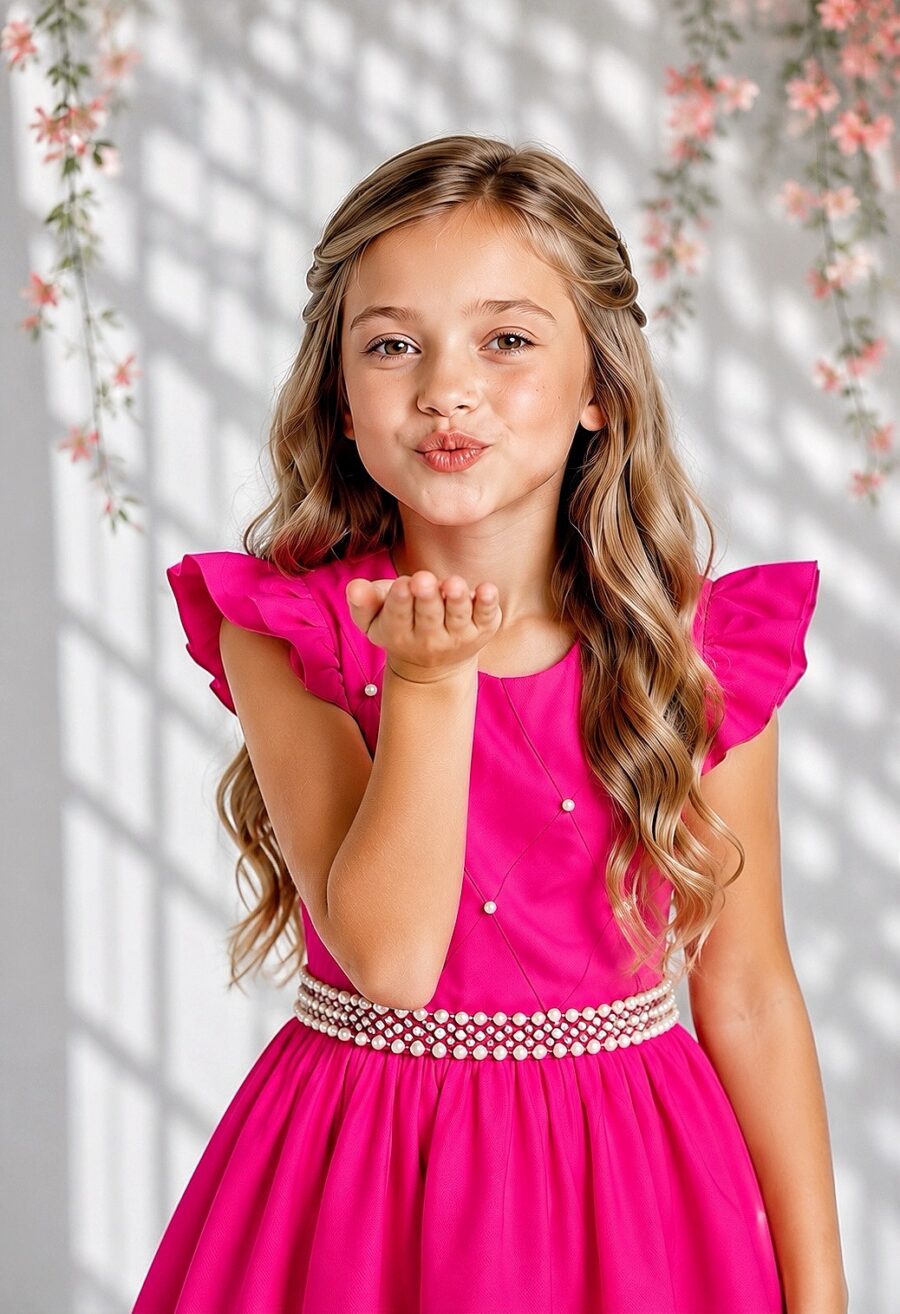 Vestido Longo Infantil Pink Nervura e Cinto de Pérolas