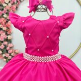 Vestido Longo Infantil Pink Nervura e Cinto de Pérolas