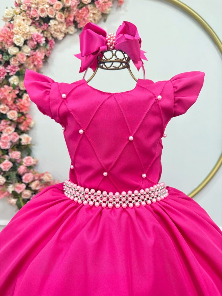 Vestido Longo Infantil Pink Nervura e Cinto de Pérolas