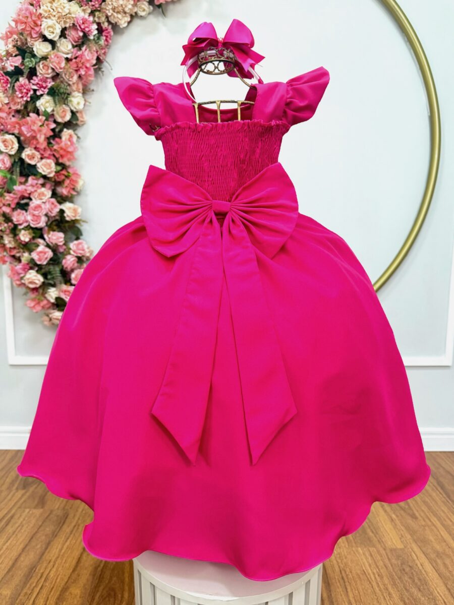 Vestido Longo Infantil Pink Nervura e Cinto de Pérolas