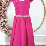 Vestido Longo Infantil Pink Nervura e Cinto de Pérolas