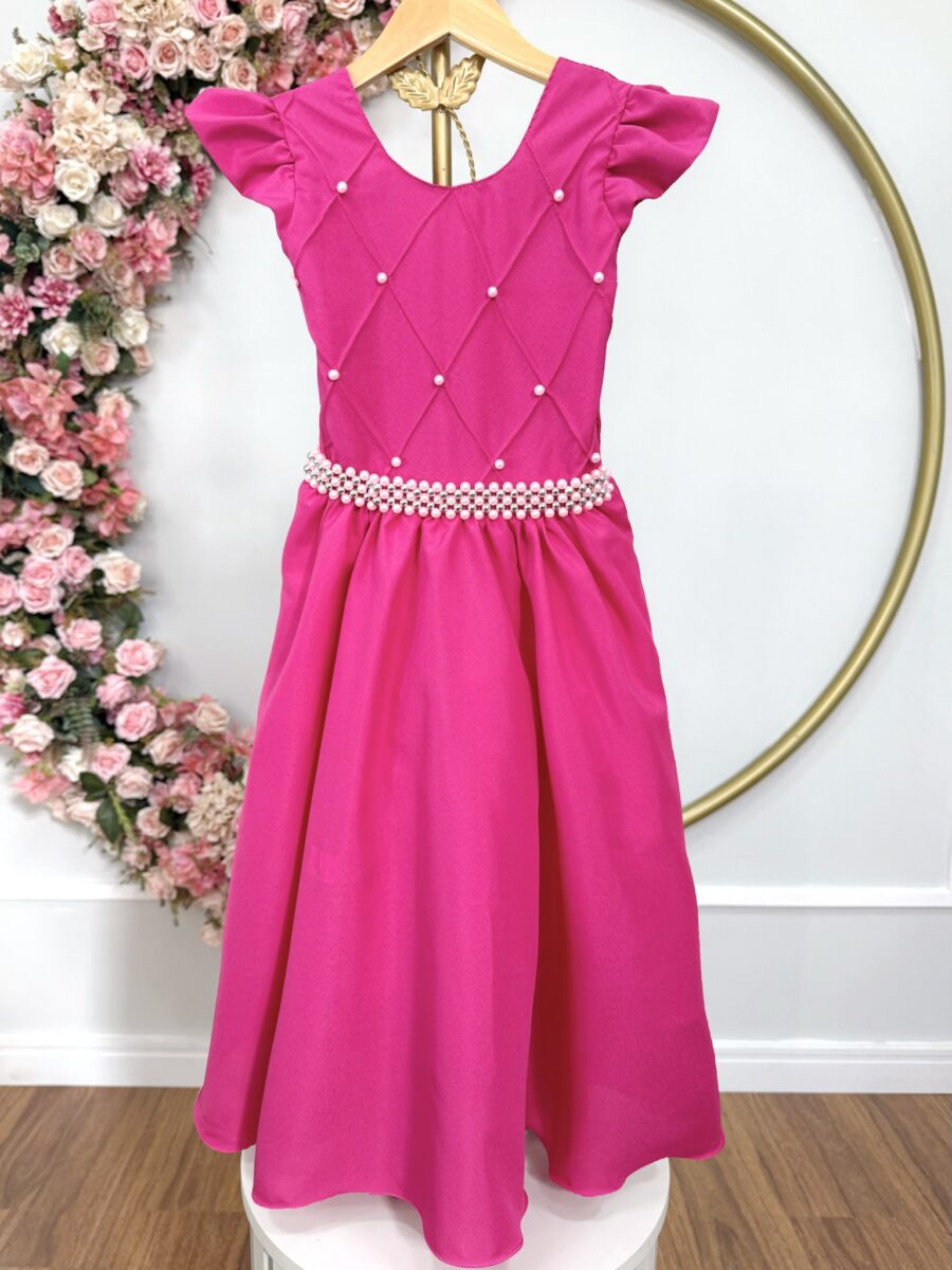 Vestido Longo Infantil Pink Nervura e Cinto de Pérolas
