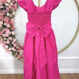 Vestido Longo Infantil Pink Nervura e Cinto de Pérolas