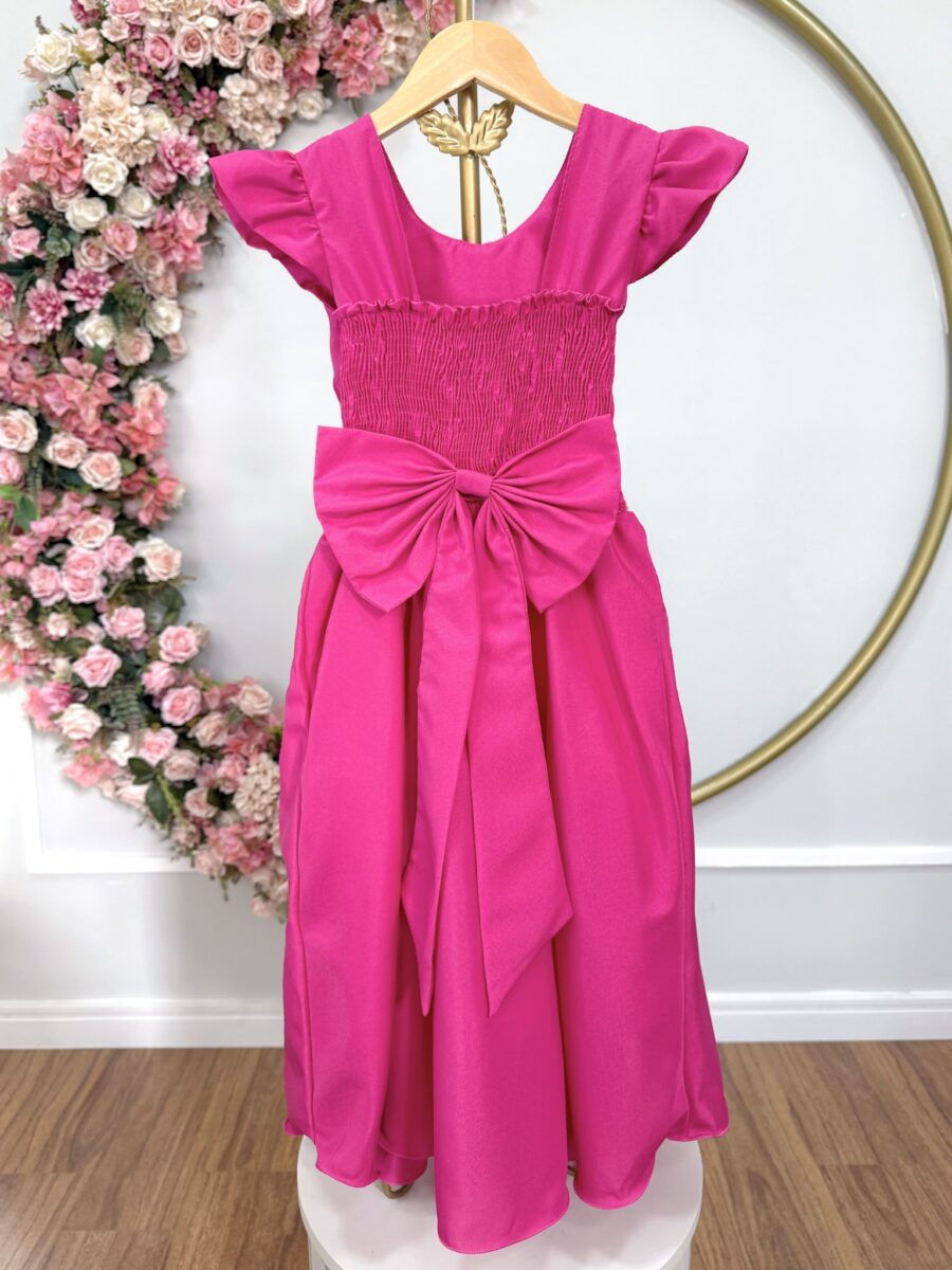 Vestido Longo Infantil Pink Nervura e Cinto de Pérolas