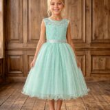 Vestido Infantil Verde Menta Renda e Tule com Brilho