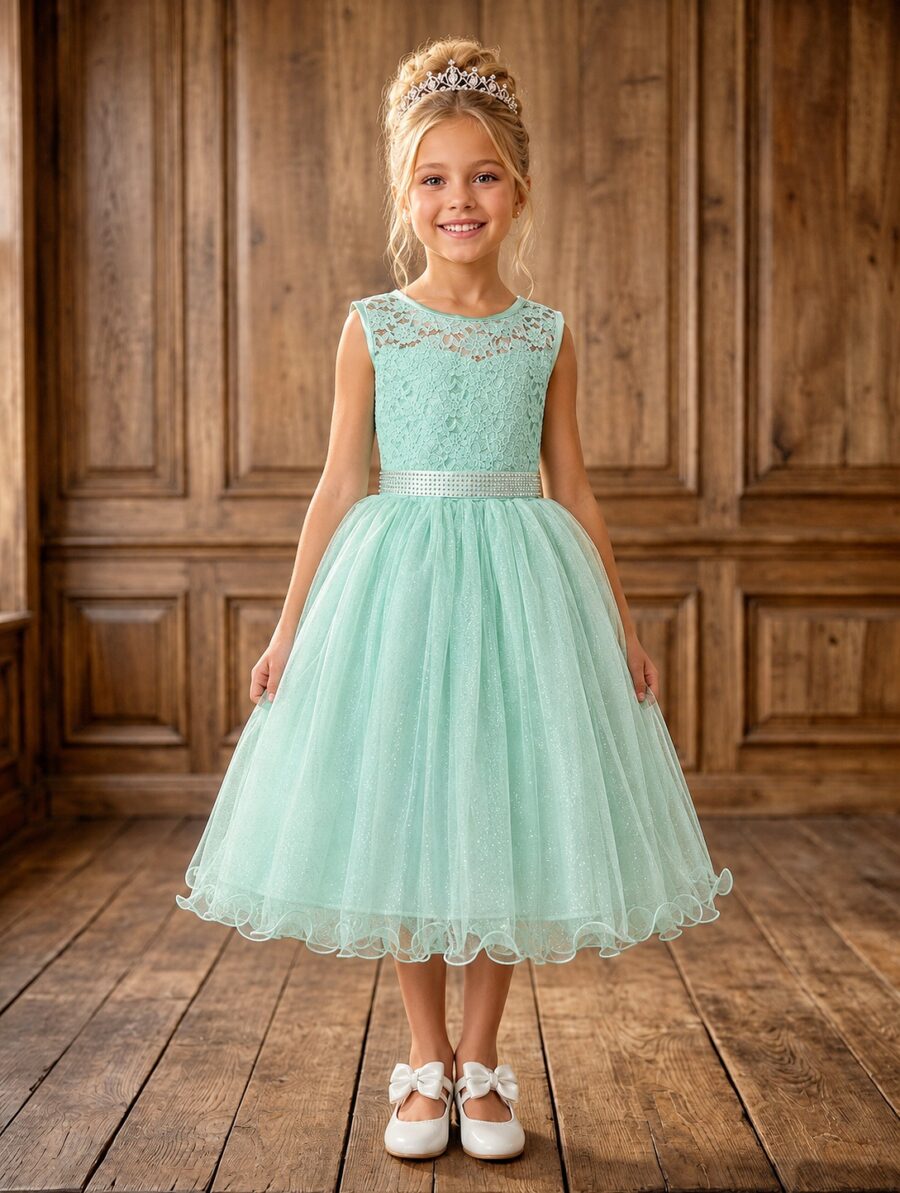 Vestido Infantil Verde Menta Renda e Tule com Brilho