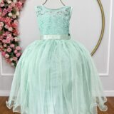 Vestido Infantil Verde Menta Renda e Tule com Brilho