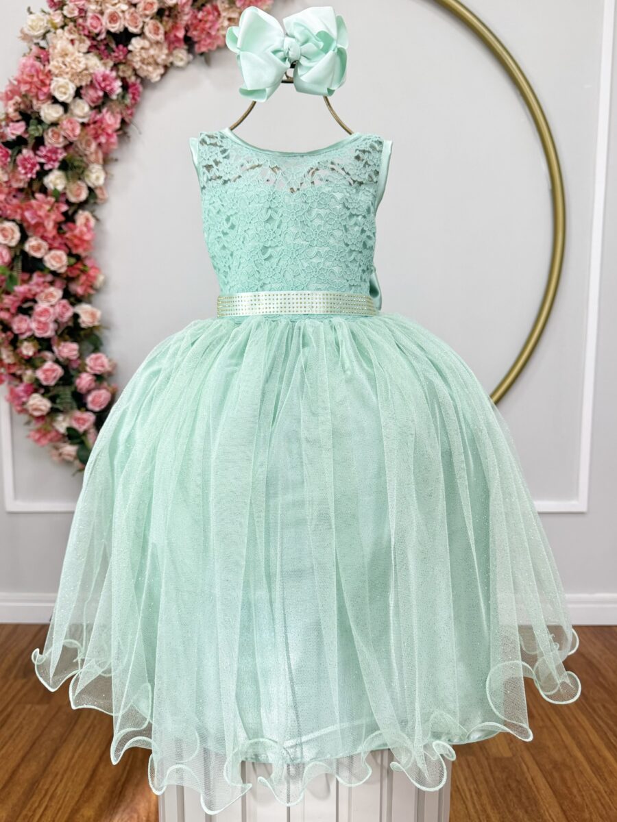 Vestido Infantil Verde Menta Renda e Tule com Brilho