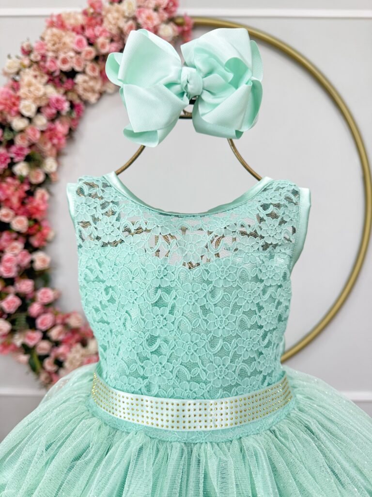 Vestido Infantil Verde Menta Renda e Tule com Brilho