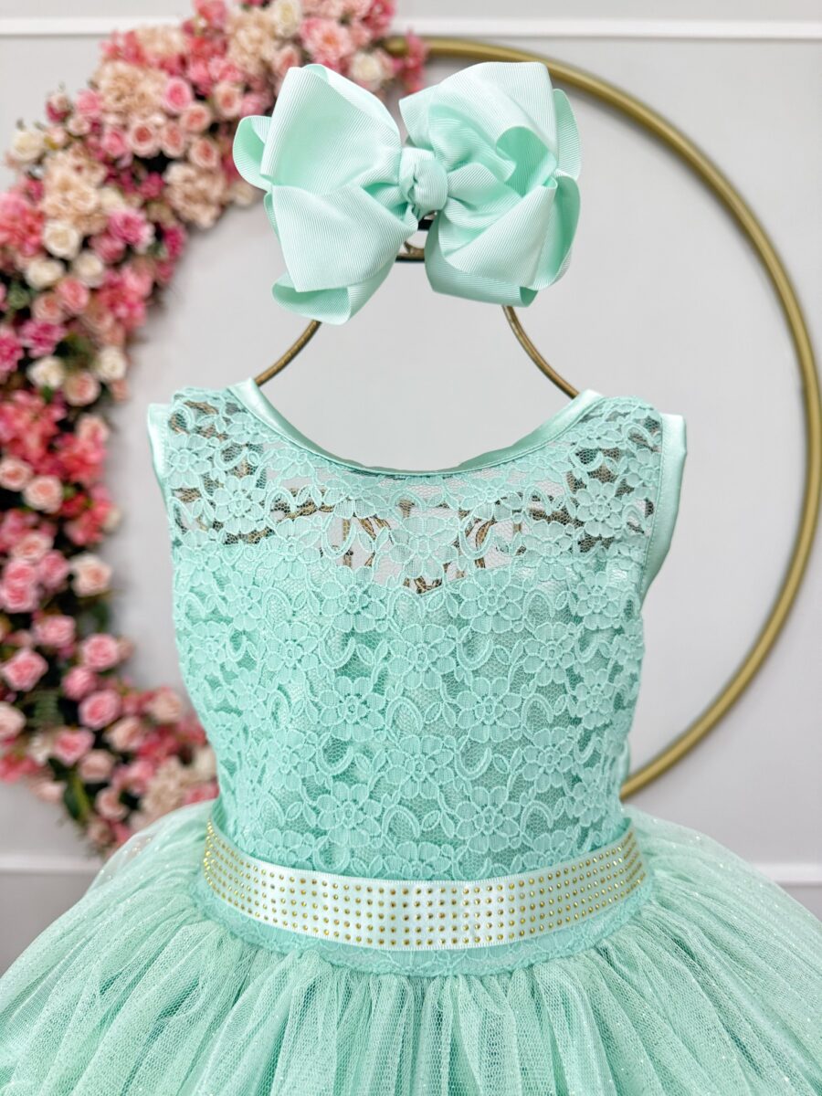 Vestido Infantil Verde Menta Renda e Tule com Brilho