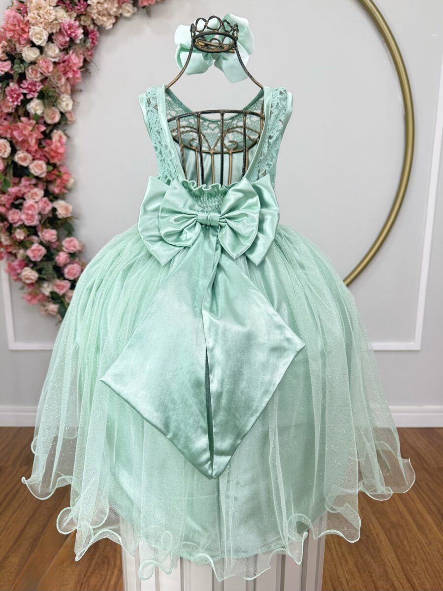 Vestido Infantil Verde Menta Renda e Tule com Brilho