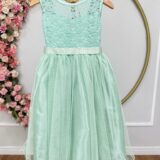 Vestido Infantil Verde Menta Renda e Tule com Brilho