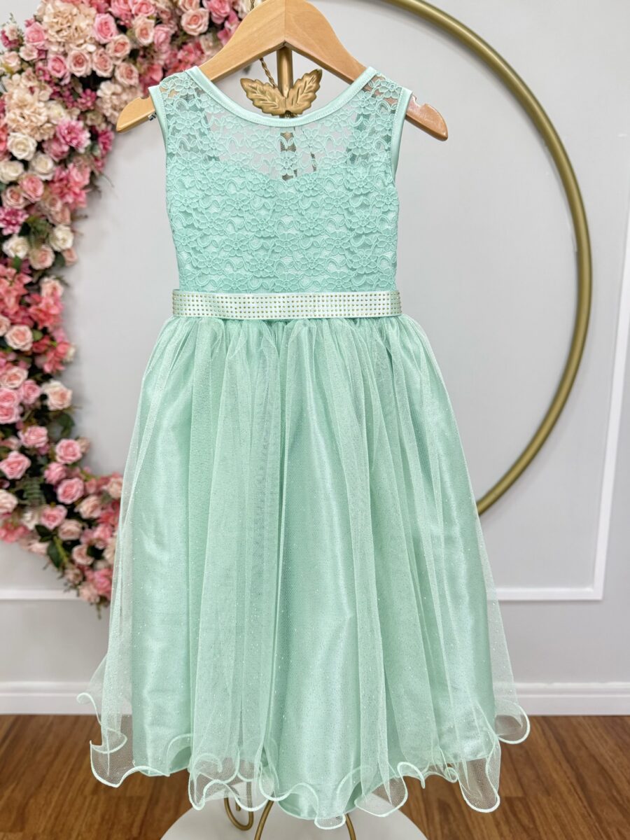 Vestido Infantil Verde Menta Renda e Tule com Brilho