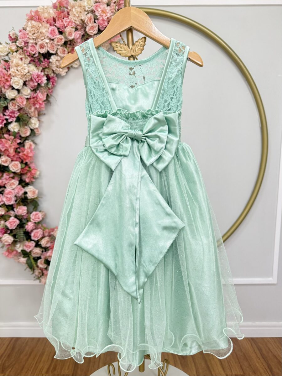 Vestido Infantil Verde Menta Renda e Tule com Brilho