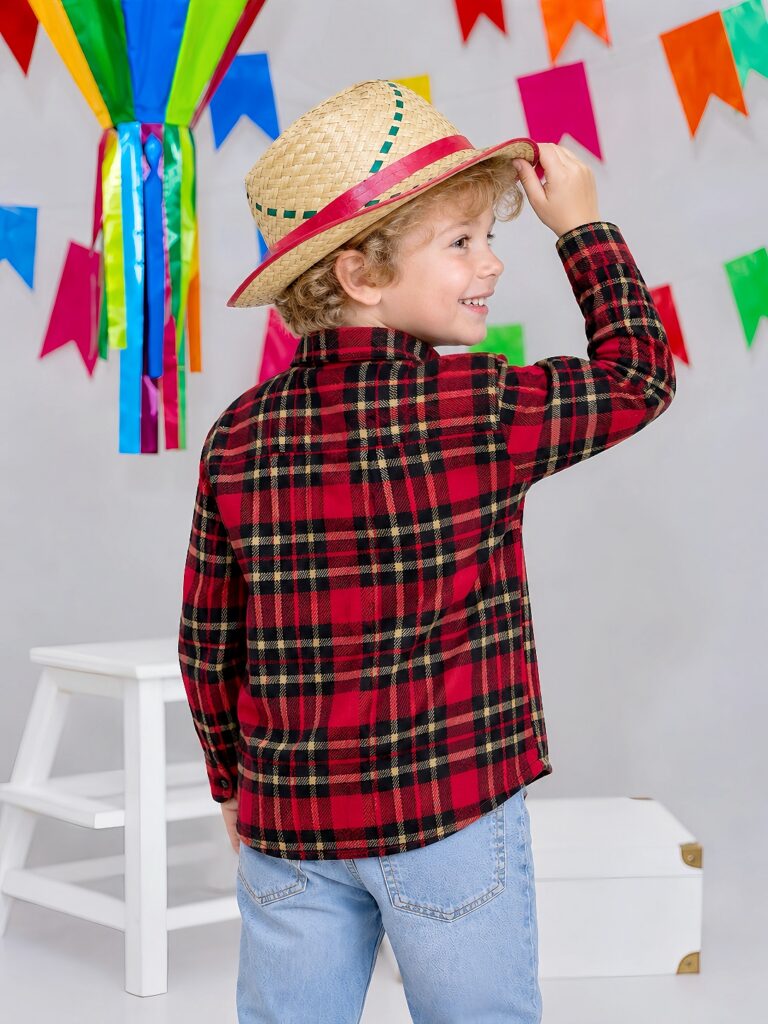 Camisa Infantil Xadrez Flanelada Vermelha e Kaki Manga Longa