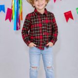 Camisa Infantil Xadrez Flanelada Vermelha e Kaki Manga Longa