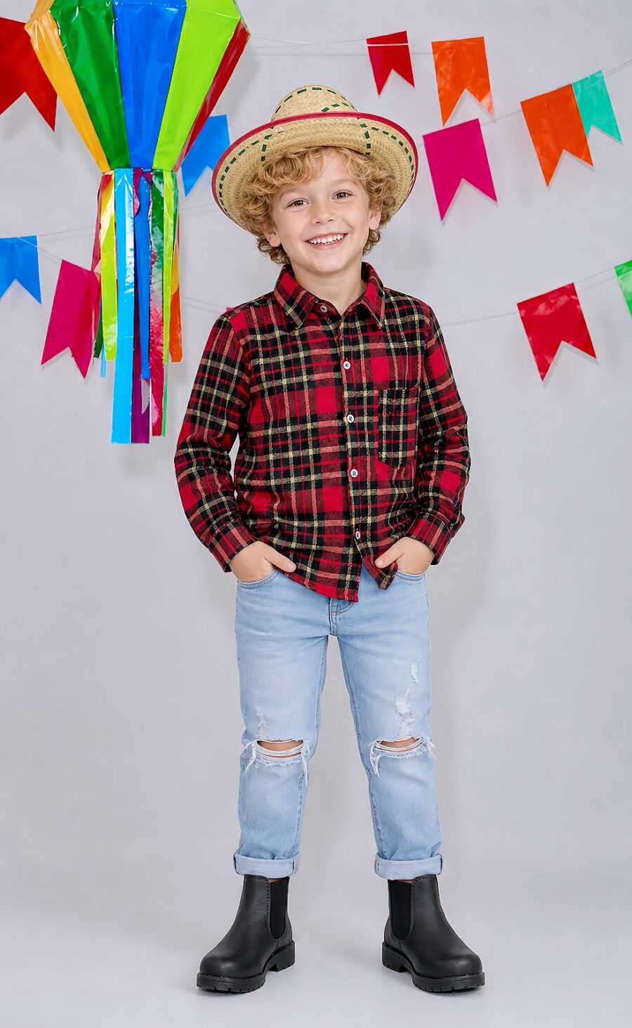 Camisa Infantil Xadrez Flanelada Vermelha e Kaki Manga Longa