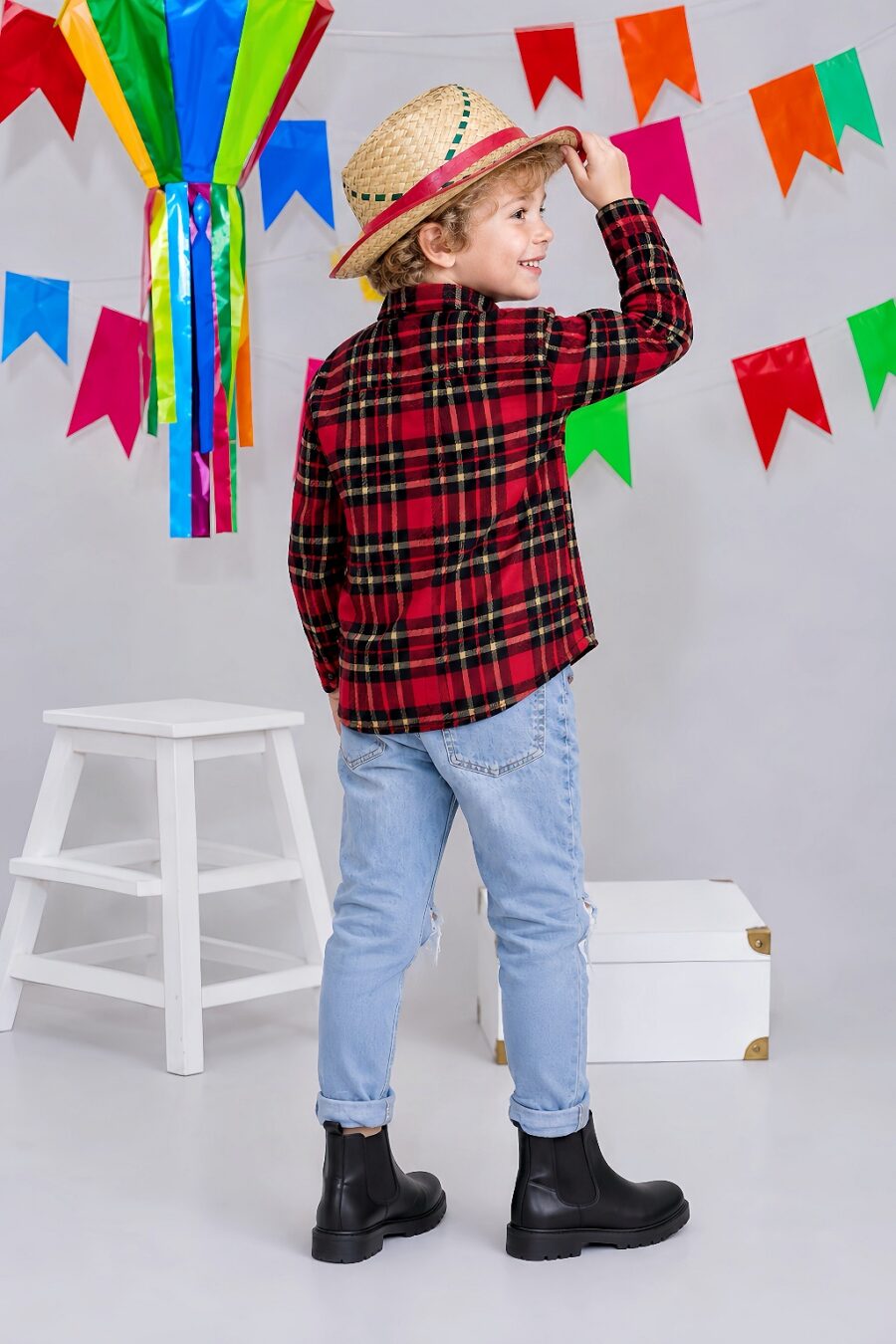 Camisa Infantil Xadrez Flanelada Vermelha e Kaki Manga Longa