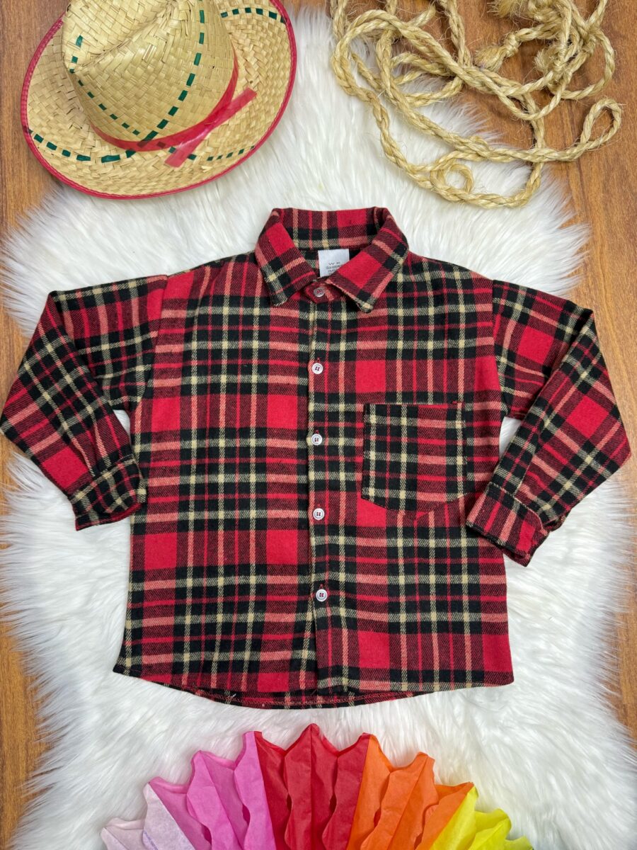 Camisa Infantil Xadrez Flanelada Vermelha e Kaki Manga Longa