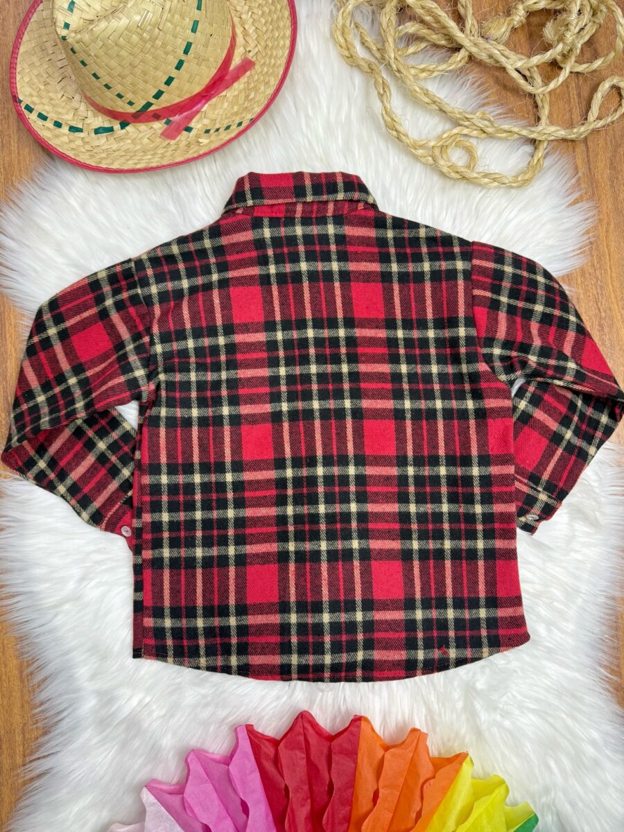 Camisa Infantil Xadrez Flanelada Vermelha e Kaki Manga Longa