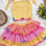 Conjunto Junino Adulto Cropped e Saia Xadrez Amarelo