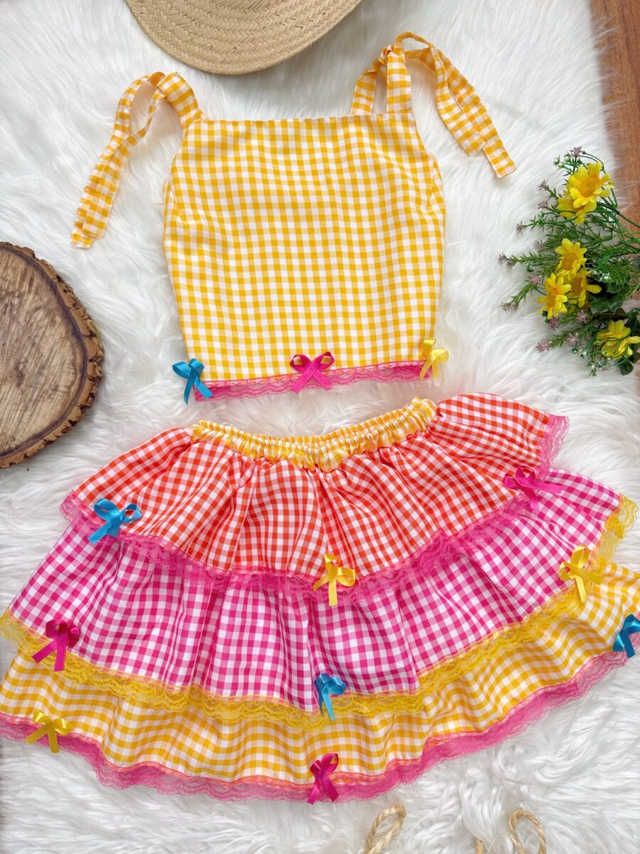Conjunto Junino Adulto Cropped e Saia Xadrez Amarelo