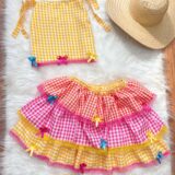 Conjunto Junino Adulto Cropped e Saia Xadrez Amarelo