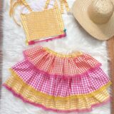 Conjunto Junino Adulto Cropped e Saia Xadrez Amarelo