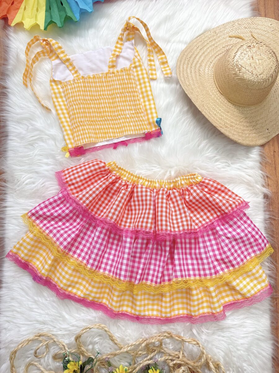 Conjunto Junino Adulto Cropped e Saia Xadrez Amarelo