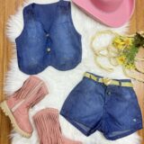 Conjunto Infantil Colete e Short Jeans Cinto Boiadeira
