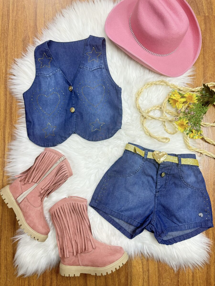 Conjunto Infantil Colete e Short Jeans Cinto Boiadeira