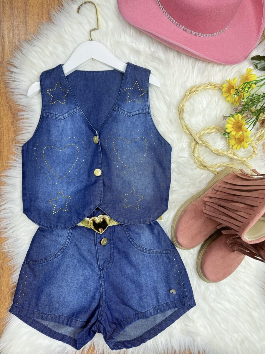 Conjunto Infantil Colete e Short Jeans Cinto Boiadeira