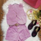 Conjunto Infantil Sarja Rosa Colete Short Cinto Boiadeira