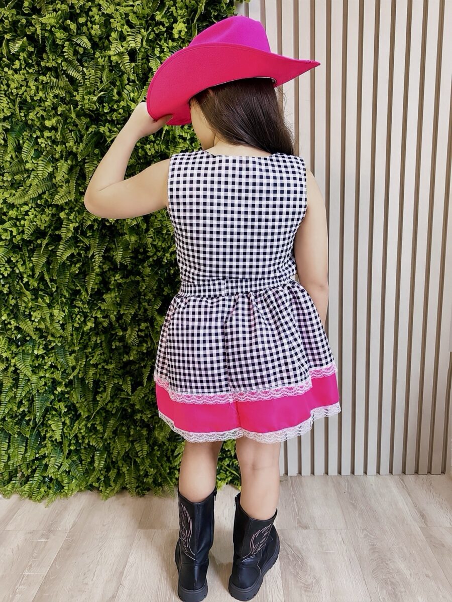 Conjunto Junino Infantil Colete e Saia Xadrez Pink