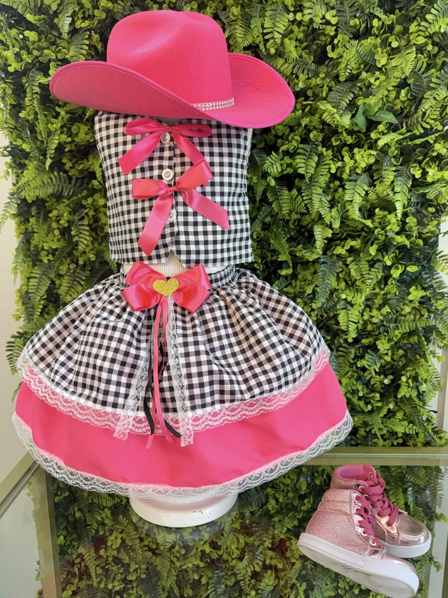 Conjunto Junino Infantil Colete e Saia Xadrez Pink