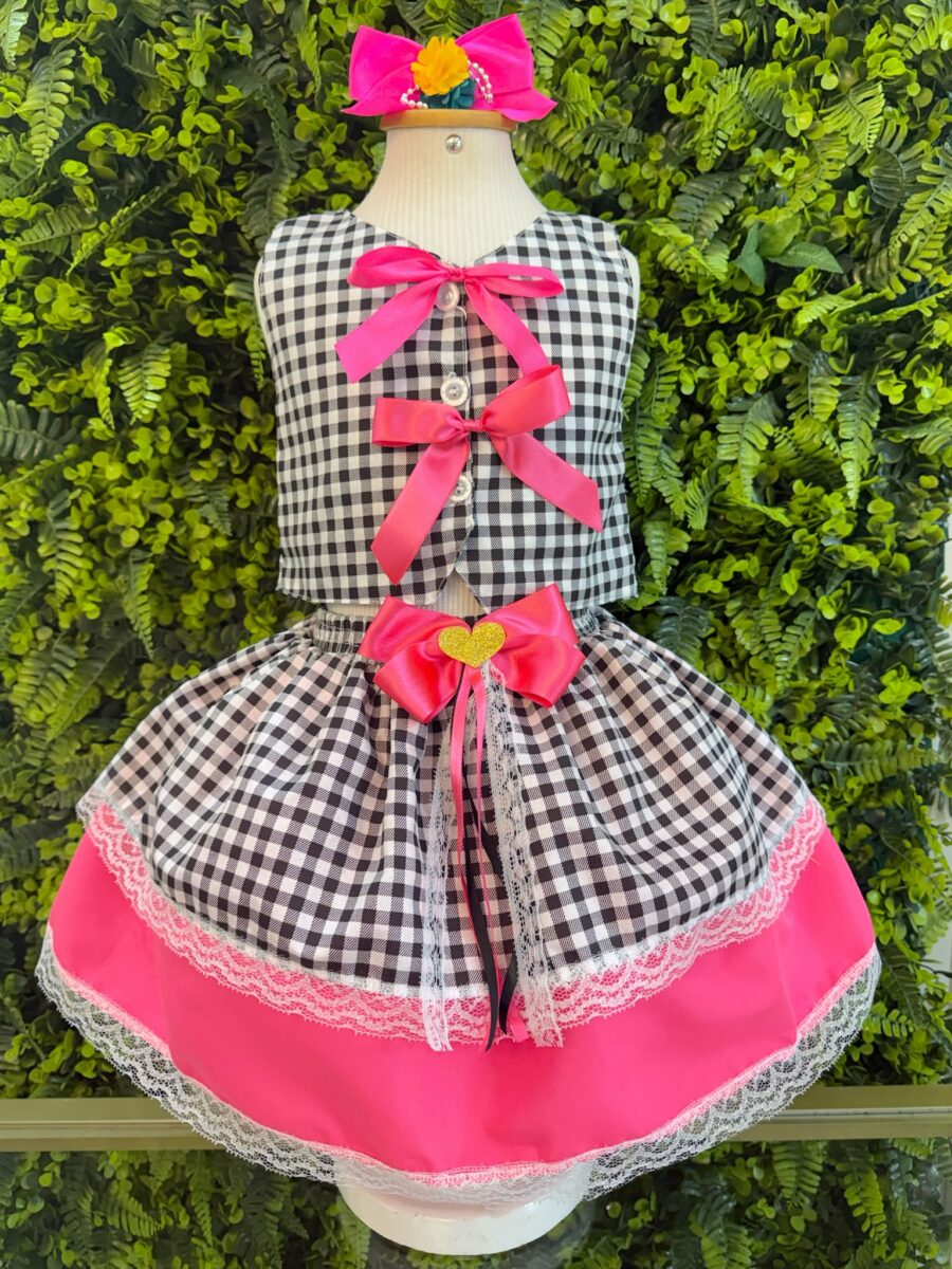 Conjunto Junino Infantil Colete e Saia Xadrez Pink