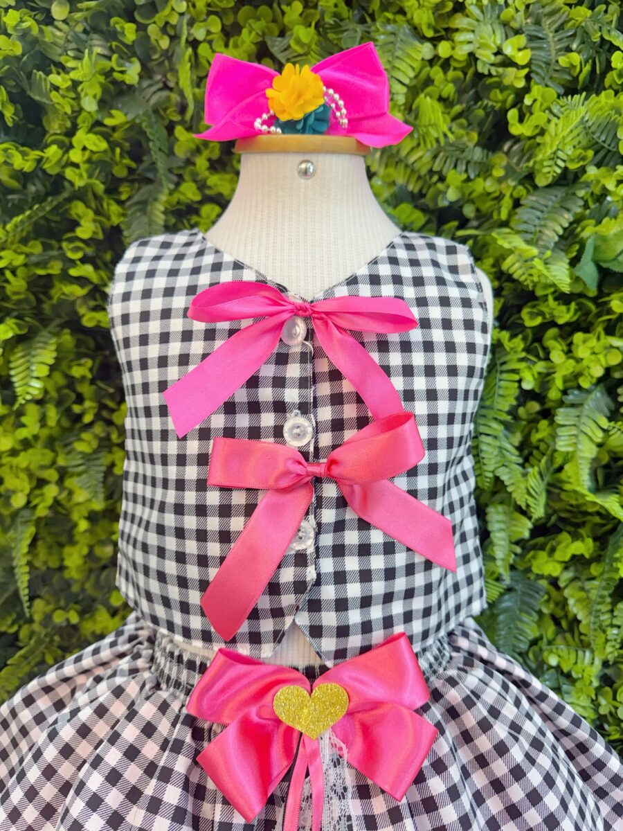 Conjunto Junino Infantil Colete e Saia Xadrez Pink
