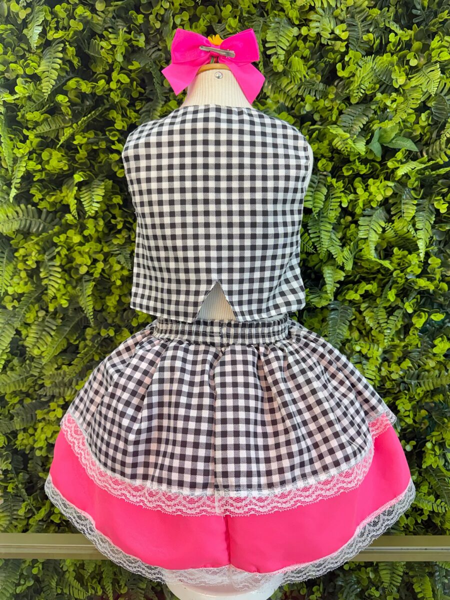 Conjunto Junino Infantil Colete e Saia Xadrez Pink