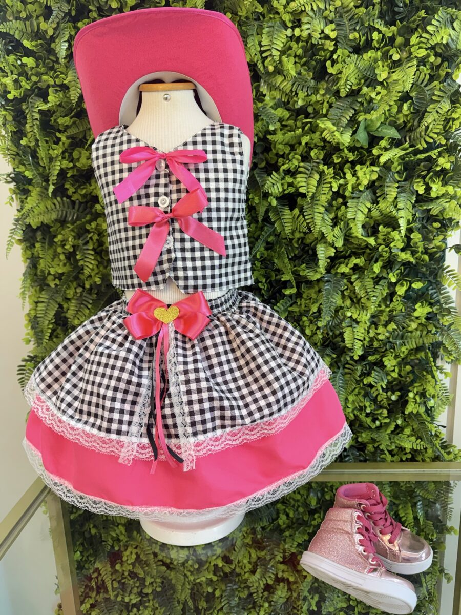 Conjunto Junino Infantil Colete e Saia Xadrez Pink